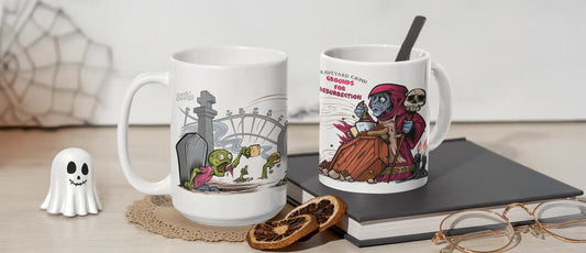 Two ceramic mugs with a funny cartoon design of a necromancer raising undeads from their grave with the smell of coffee