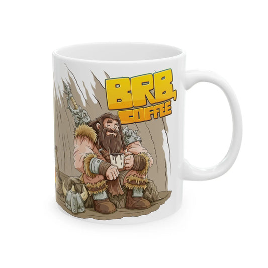 A white ceramic mug with an illustration of a barbarian character from a fantasy setting, holding a coffee cup, with the text 'BRB, COFFEE' prominently displayed.