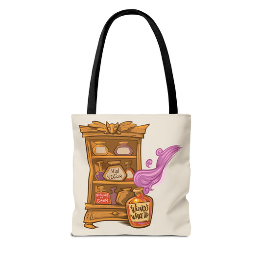 Tote bag with a design of a potion shelf and bottles on a cream colored background