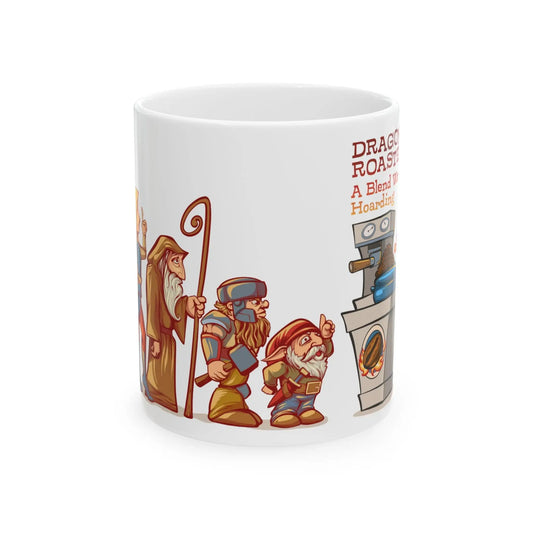 Mug with cartoon dwarves and coffee roasting machine design on a white background