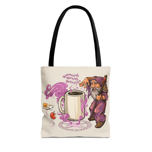 Tote bag with a cartoon wizard and coffee cup design on a white background