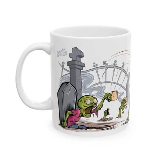 Mug with cartoon design of a zombie at a graveyard, holding a piece of paper.