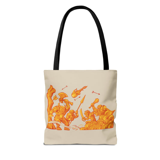 Tote bag with orange warrior design on a white background