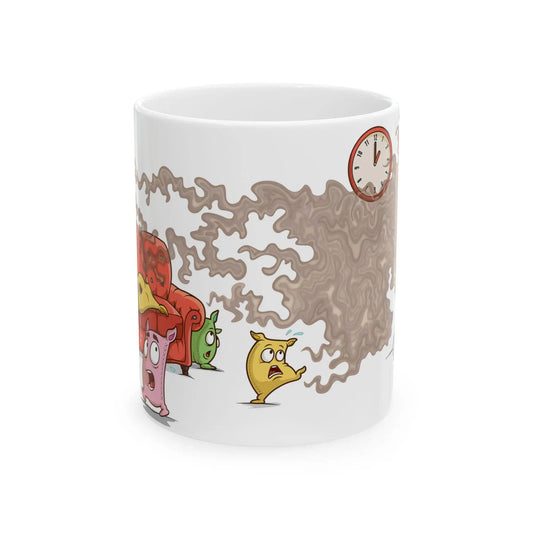 A white ceramic mug with a playful design featuring a coffee cup, a character with a magnifying glass, and a clock, conveying a sense of focus and defense against fatigue.