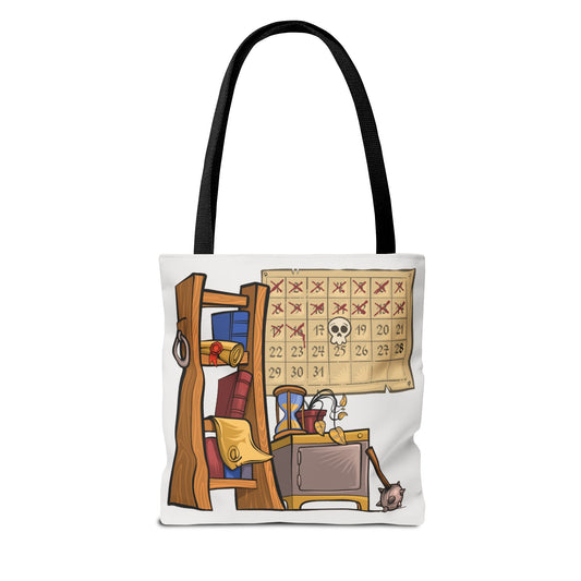 Tote bag with a cartoon design of a room with furniture and a calendar.