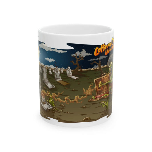 Mug with a graveyard design and 'Coffin of Coffee' text on a white background