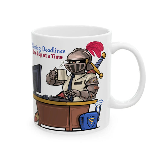 A white ceramic mug with an illustration of a knight in armor at a desk with a computer, holding a coffee cup, with the text 'Slaying Deadlines One Cup at a Time'.