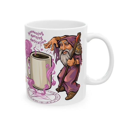 Ceramic mug featuring a cartoon-style design of a warlock in purple robes summoning a steaming cup of coffee from a magical circle. Purple smoke swirls around the cup, and the phrase “Summoning Morning Motivation” appears above the scene. A humorous fantasy twist for coffee lovers and gamers alike.