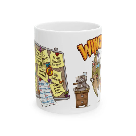 Mug with cartoon design featuring a chalkboard, drawers, and text on a white background