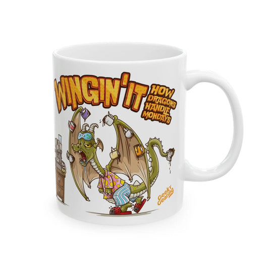 A white ceramic mug with a colorful illustration of a dragon juggling coffee cups and the text 'Wingin' it'.
