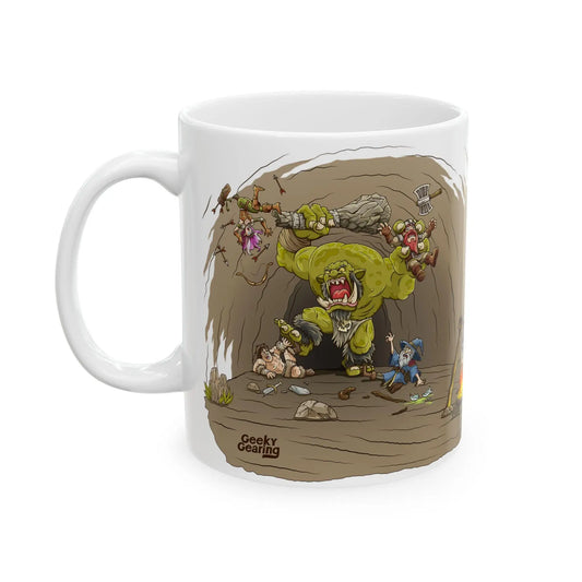 Mug with cartoon design of a green monster and characters on a white background