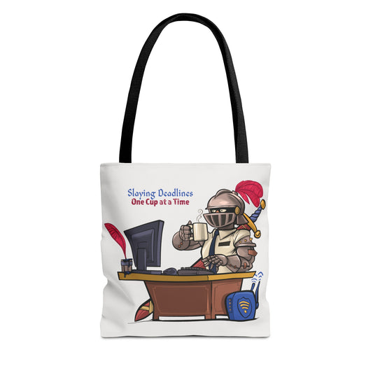 Tote bag with a cartoon knight at a desk and text 'Slaying Deadlines One Cup at a Time' on a white background.