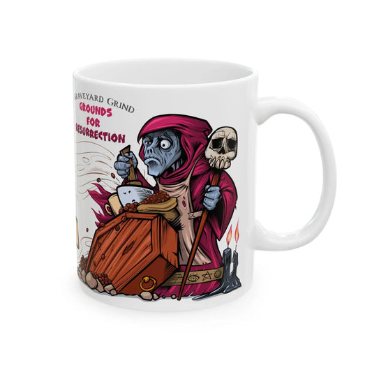 A white ceramic mug with a graphic print of a character resembling a necromancer, holding a skull, with text and additional graphics related to the theme 'Grounds for Resurrection'.