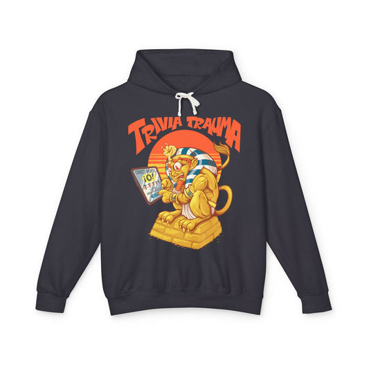 Black hoodie with 'Trivia Trauma' graphic design on a black background