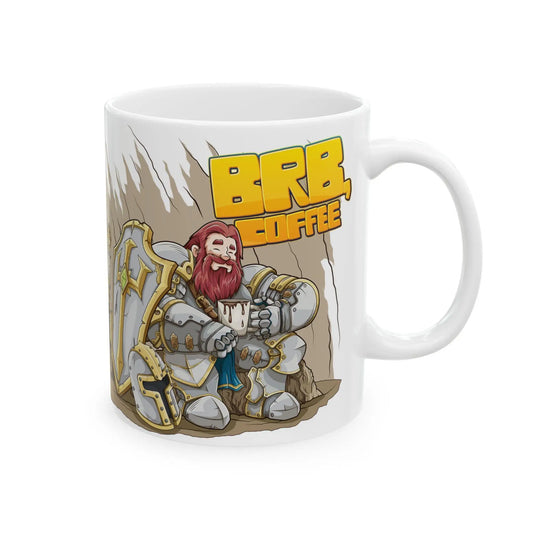 A white ceramic mug with an illustration of a cartoon knight sitting and holding a mug, with the text 'BRB, COFFEE' above. The background is plain.