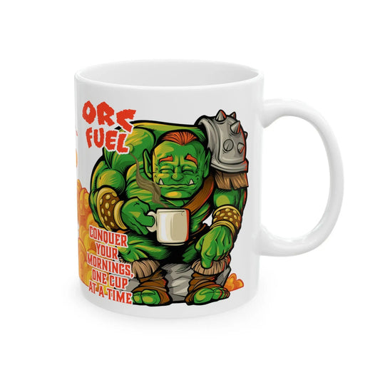 Side-facing view of a ceramic fantasy mug featuring a cartoon serene looking orc holding a steaming coffee cup, with the bold caption "Conquer your mornings, one cup at a time." In the background a battle scene is starting to unfold behind the orc. It’s a funny gamer coffee mug perfect for fans of orcs, DnD, and fantasy.