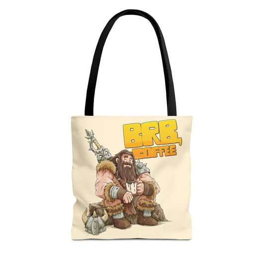 Tote bag with a cartoon character and 'Brr Coffee' text on a beige background