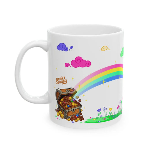 White mug with a colorful design of a rainbow, treasure chest, and clouds on a white background.