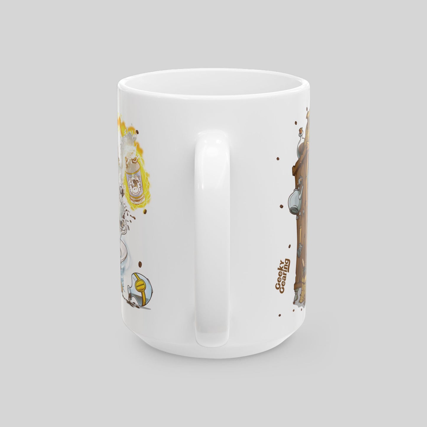 White mug with cartoon character design on a gray background