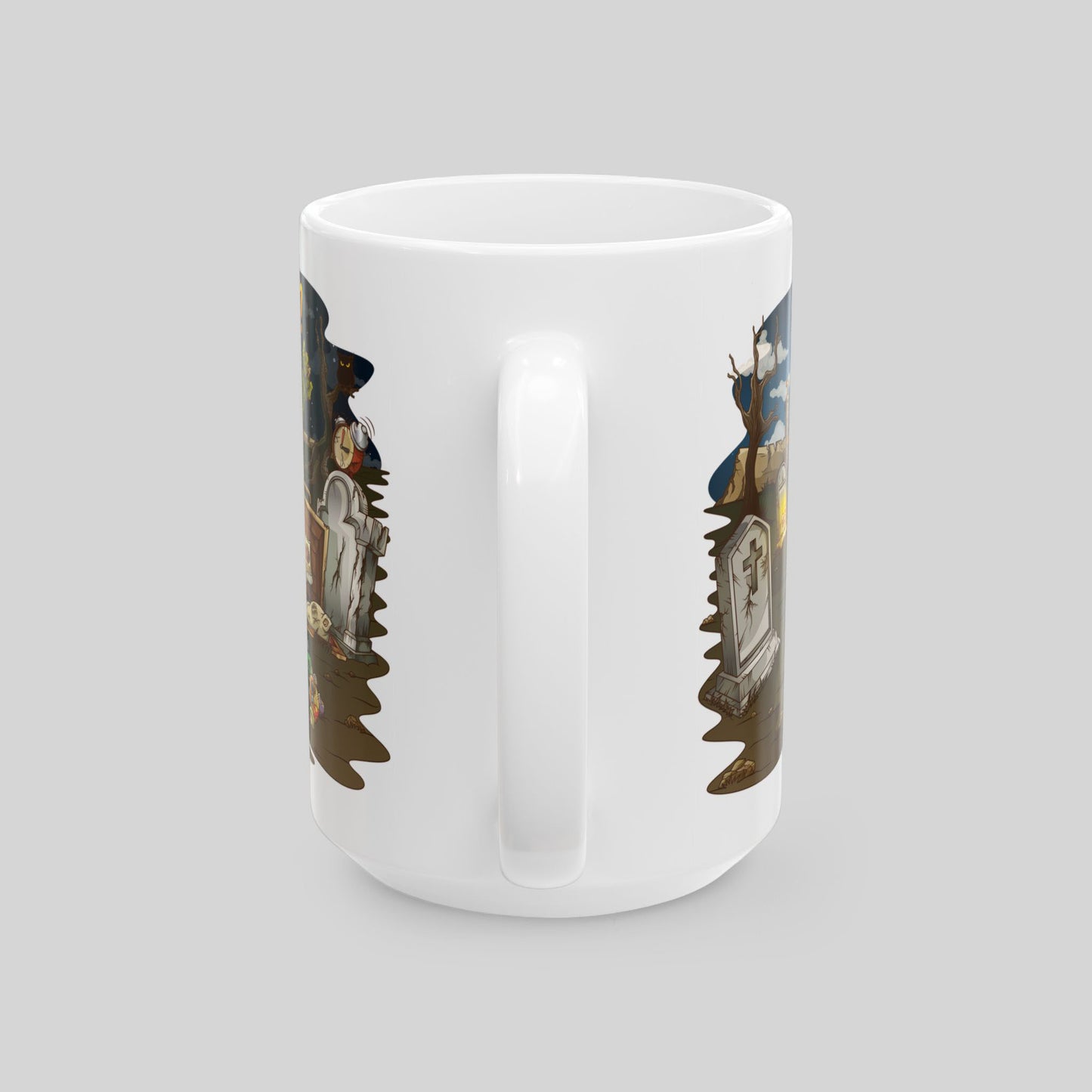 White mug with decorative handles featuring illustrations on a light gray background