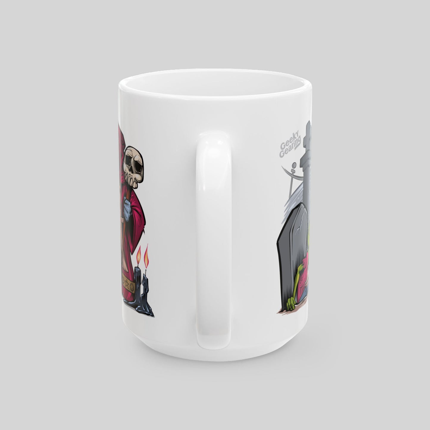 White mug with colorful graphic design on a light gray background