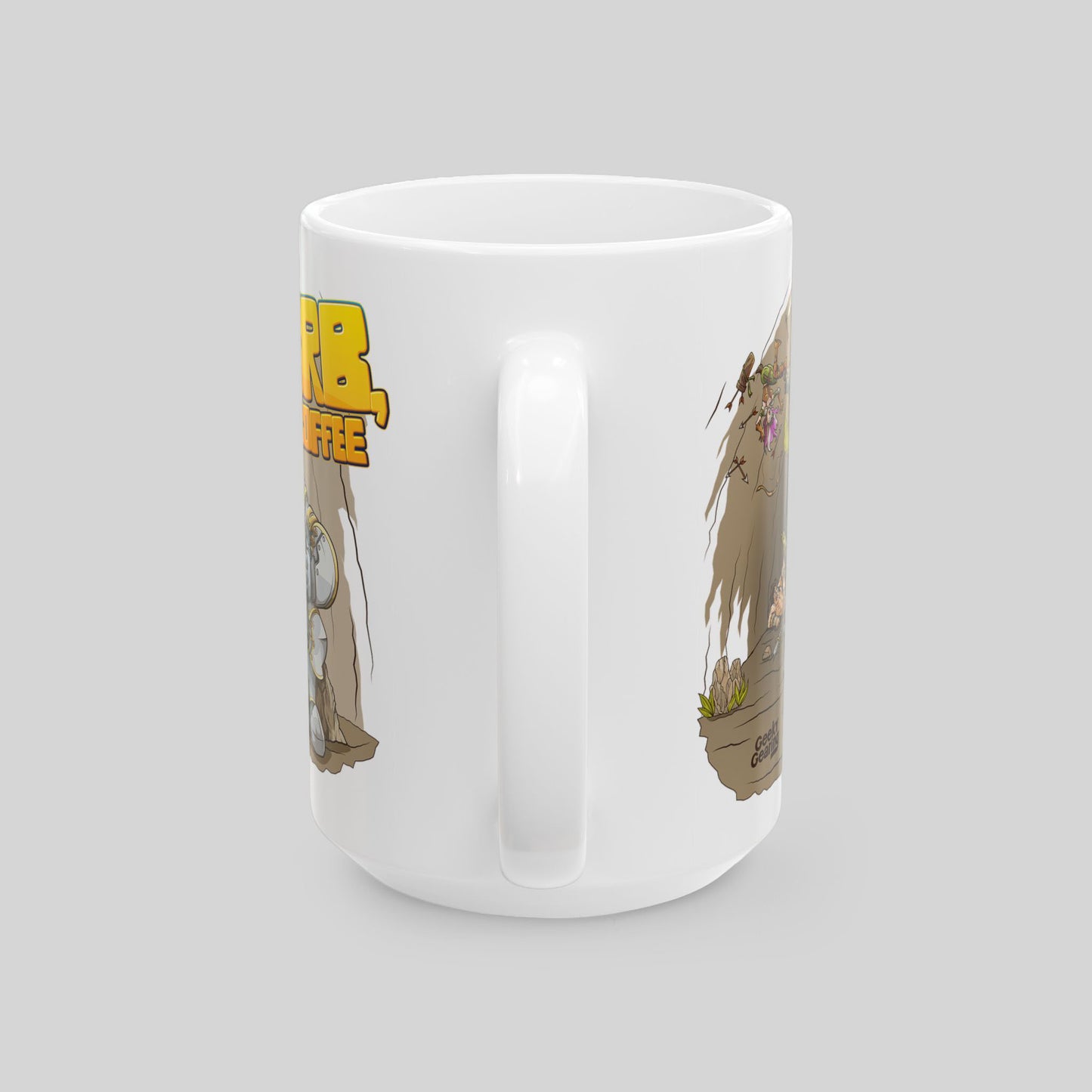 White mug with cartoon character design on a gray background