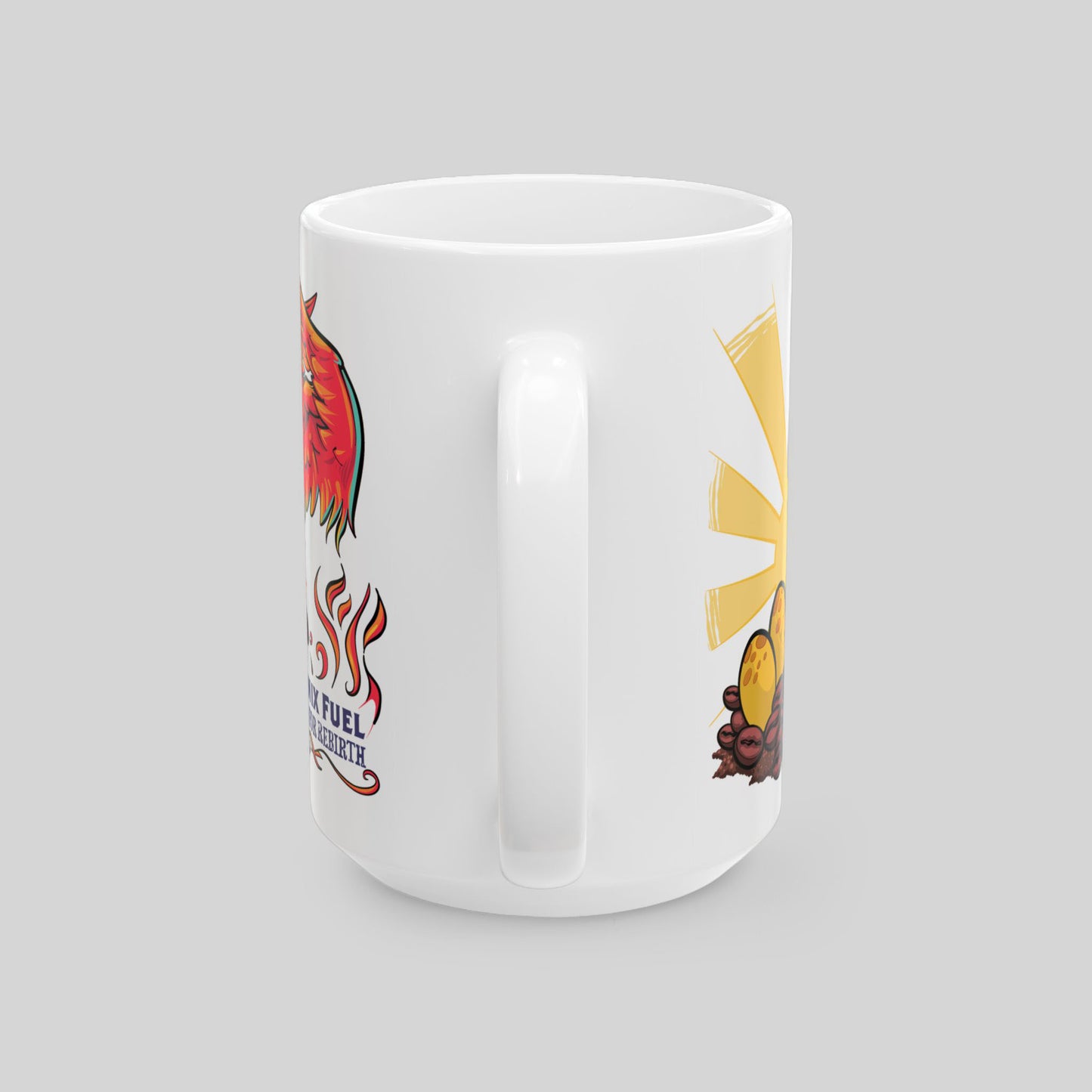White mug with colorful designs on a gray background