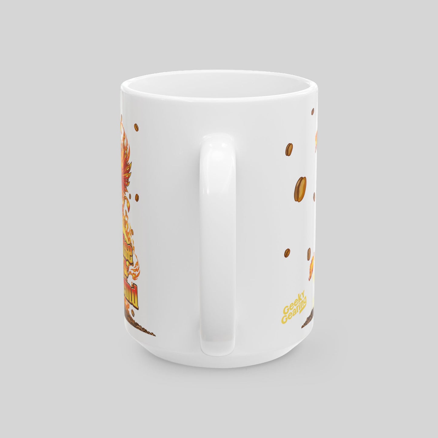 White mug with decorative elements on a gray background