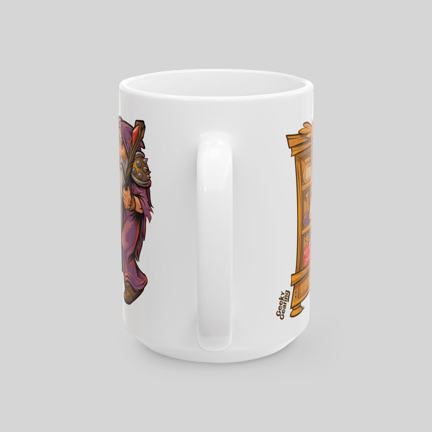 White mug with colorful dragon design on a light gray background