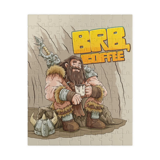 Barbarian’s Coffee Break puzzle 110 pieces, complete on white—bearded warrior relaxing with coffee, “BRB, COFFEE” title