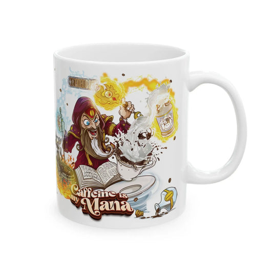 White 11 oz ceramic fantasy coffee mug featuring a cartoon wizard conjuring a steaming coffee splash from an open spellbook, surrounded by floating beans and glowing magic, with the caption “Caffeine Is My Mana,” ideal as a wizard mug, DnD gift, fantasy coffee cup, and gamer gift.
