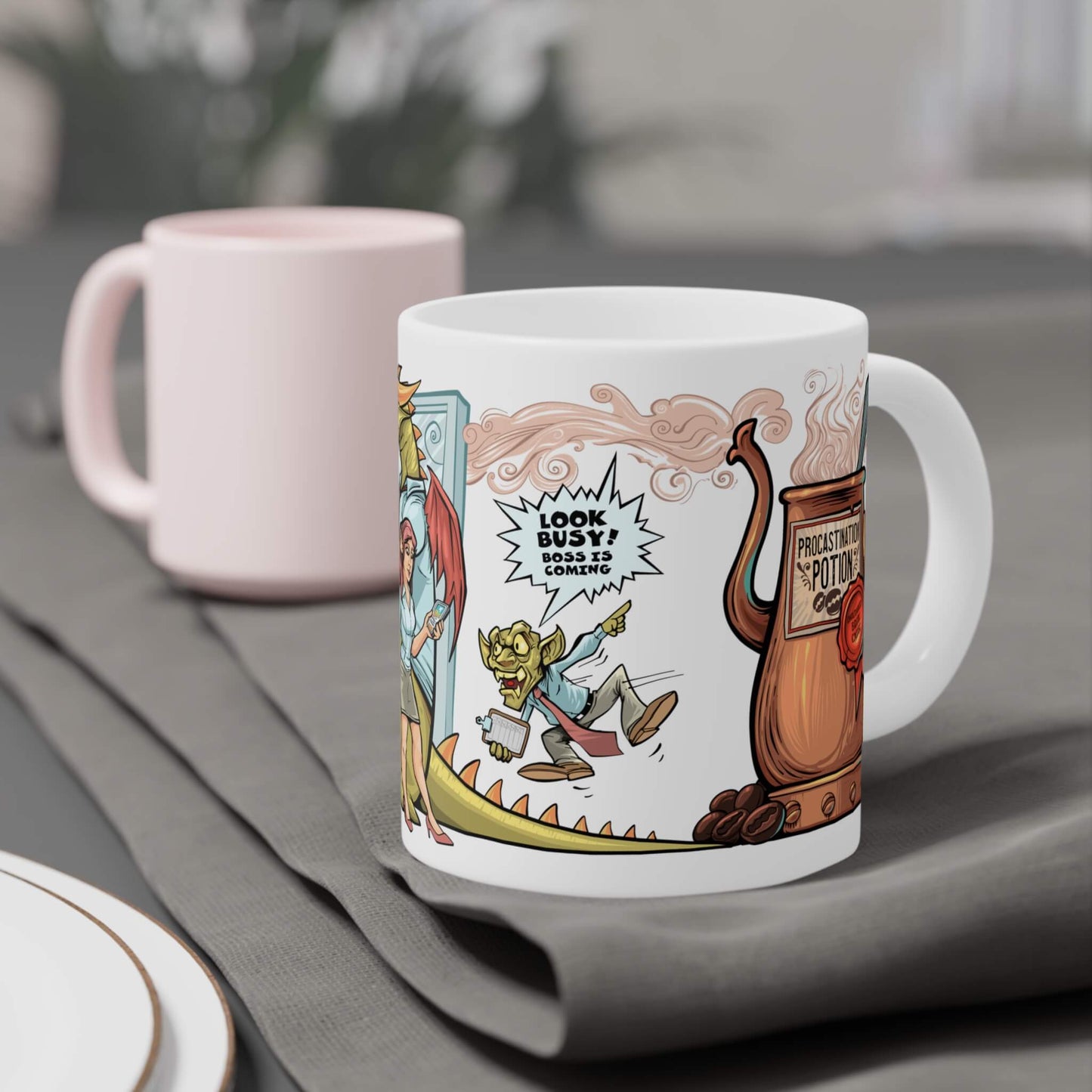 20oz Procrastination Potion mug on dining table. Shows elf and panicked goblin in office cartoon.