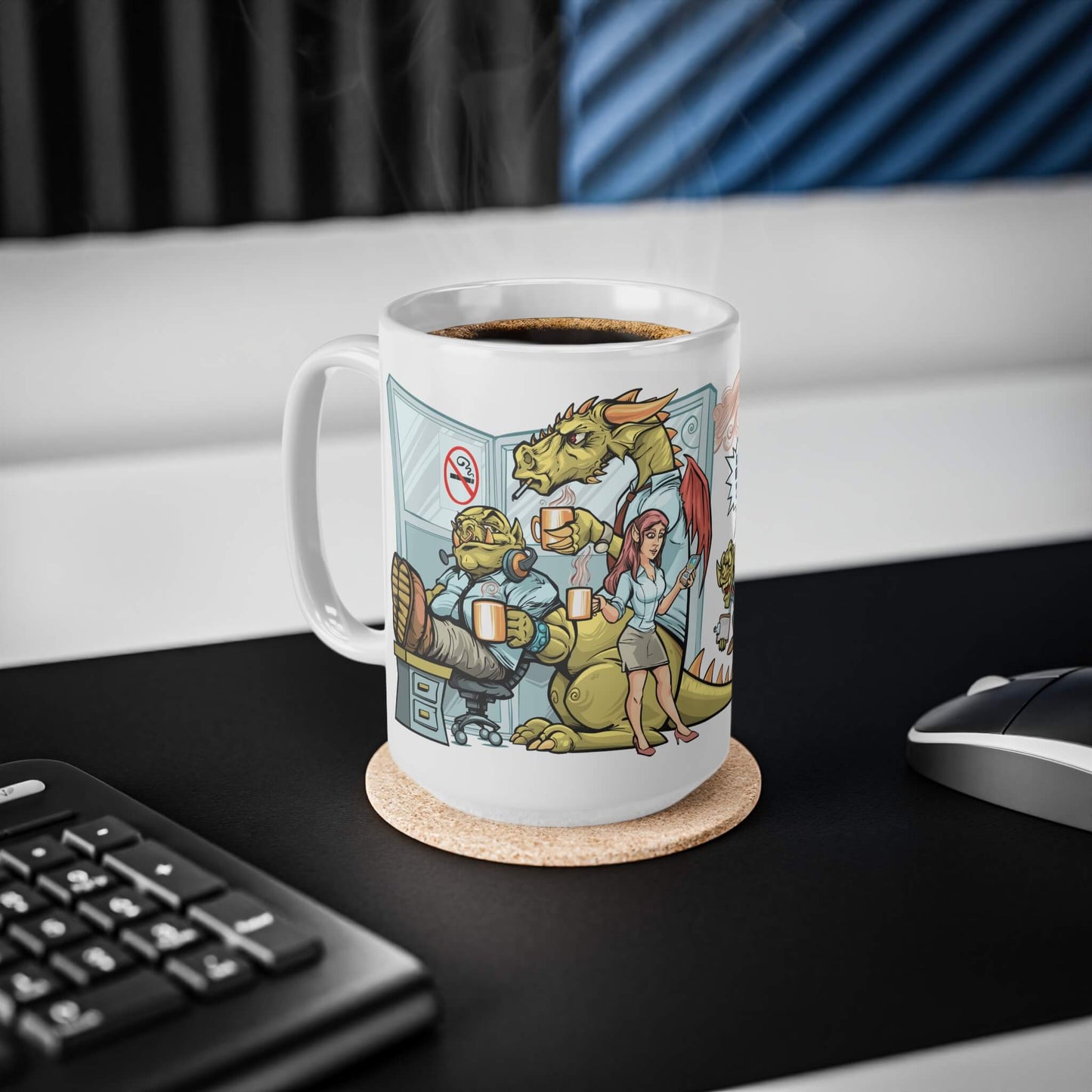 15oz Procrastination Potion mug by keyboard and mouse. Shows orc with headset, dragon, and elf in office cubicle.