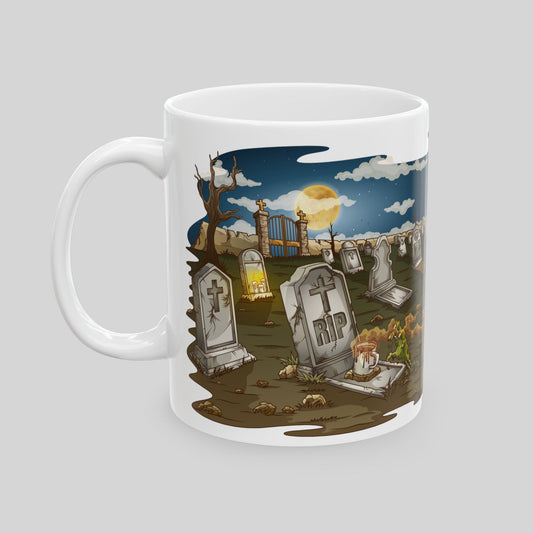 Mug with a cartoon graveyard design featuring gravestones and a moonlit sky and a zombie hand bursting from the ground.
