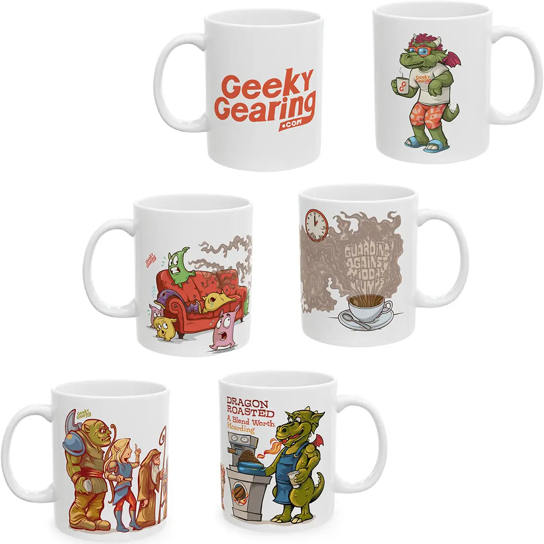 3 GeekyGearing mugs with cartoon graphic
