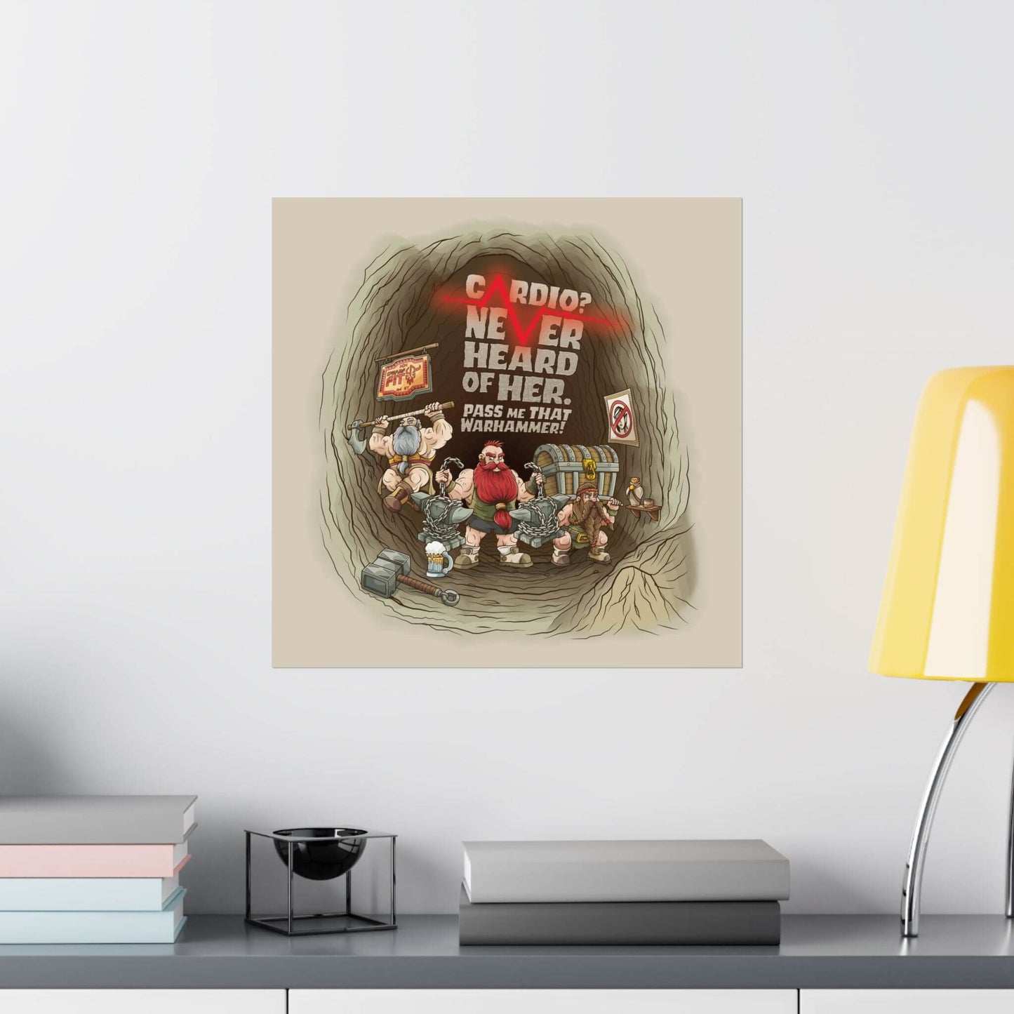 Funny dwarf gym poster shown on a wall: muscular dwarves, 'Cardio? Never Heard of Her. Pass Me That Warhammer!'.