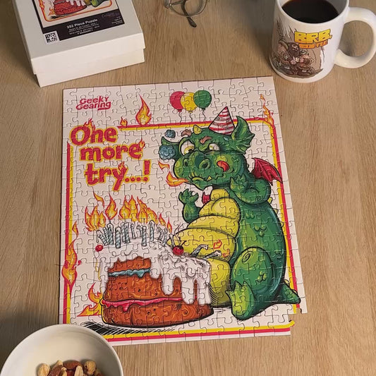 Video showcasing the the last piece being added to the 252 pcs Dragon's Birthday Blowout Jigsaw Puzzle folloed by an image of the finished puzzle. Fun birthday gift for some cosy screen-free time.