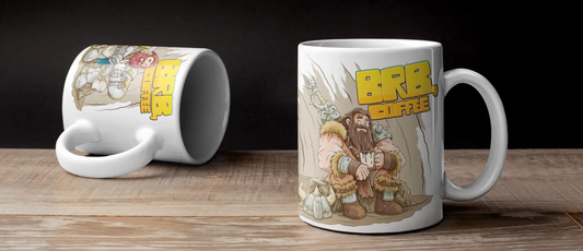 2 GeekyGearing mugs with funny fantasy design of a barbarian and knight taking a coffee break