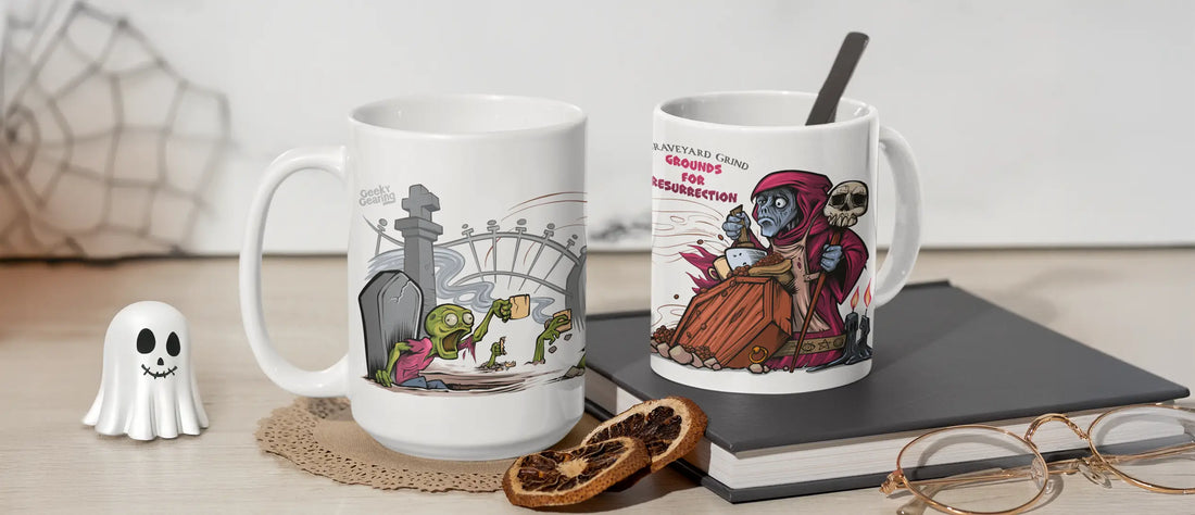 Two ceramic mugs with a funny cartoon design of a necromancer raising undeads from their grave with the smell of coffee