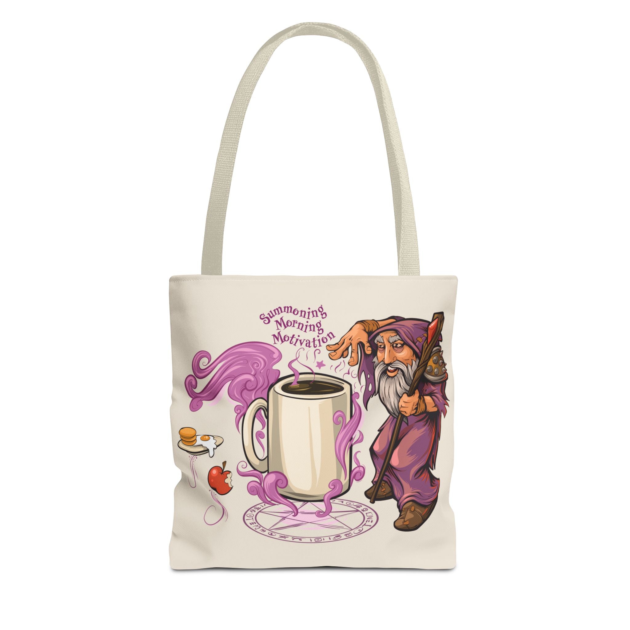 Tote bag with a cartoon wizard and coffee cup design on a cream colored background