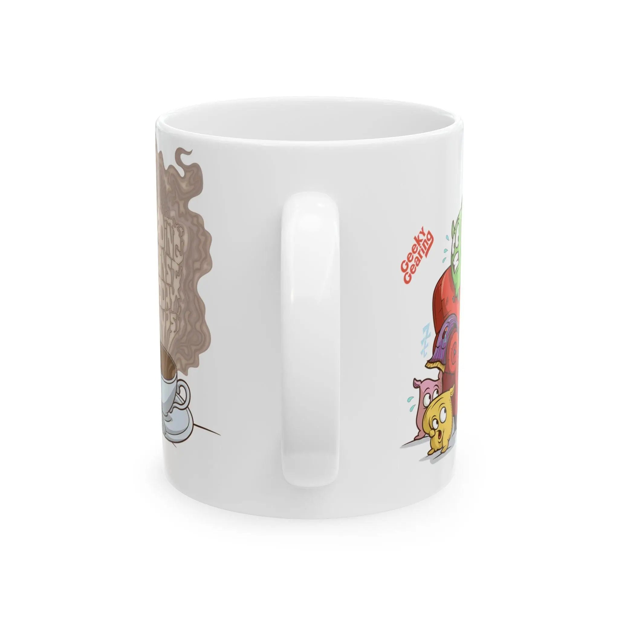 White mug with cartoon characters on a white background