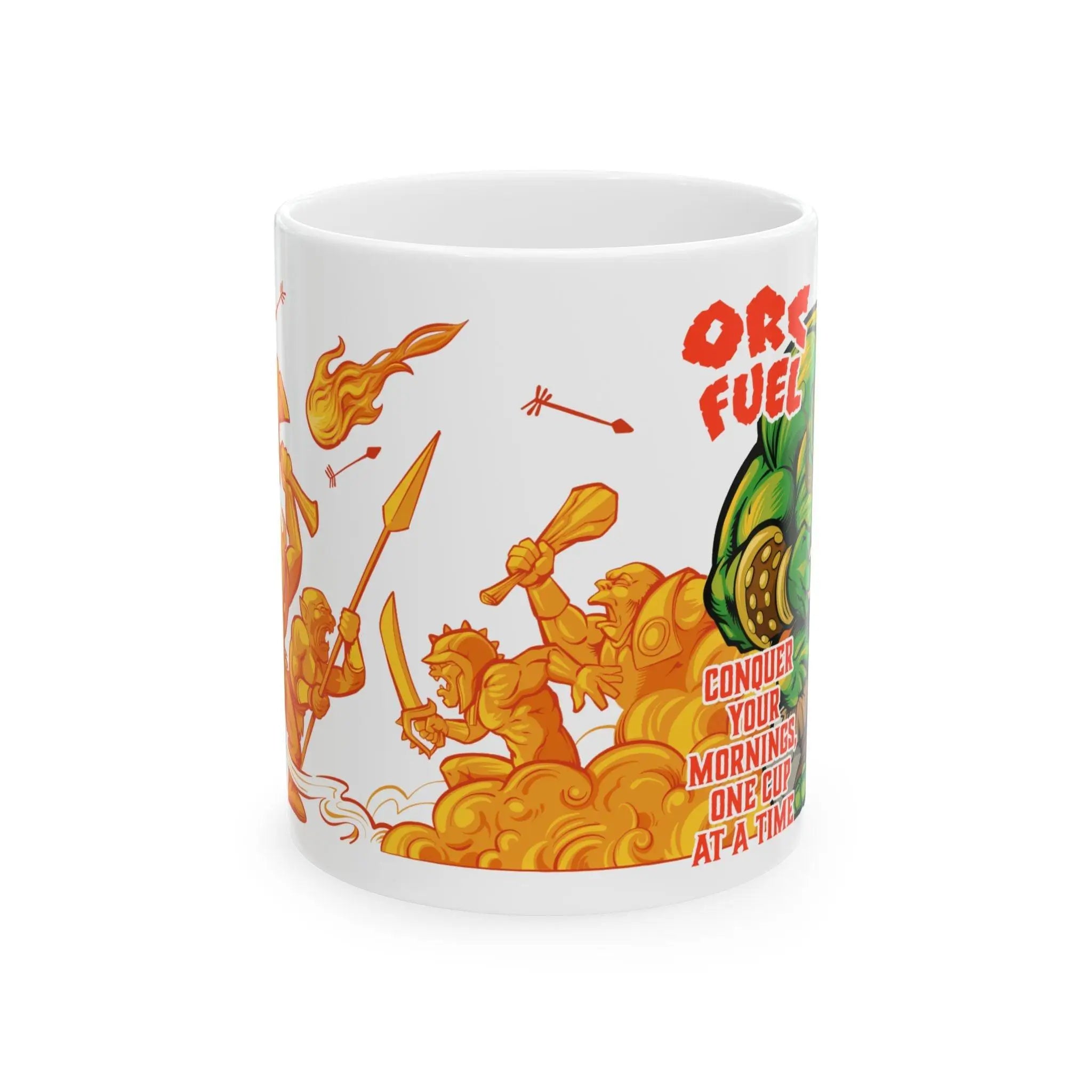 Front view of a ceramic fantasy coffee mug showing orange-toned cartoon styled warriors charging into battle with weapons raised, arrows flying, and fireballs overhead. Part of the “Orc Fuel” design, this mug features the phrase “Conquer your mornings, one cup at a time,” making it perfect for fantasy lovers and caffeine-fueled warriors alike.