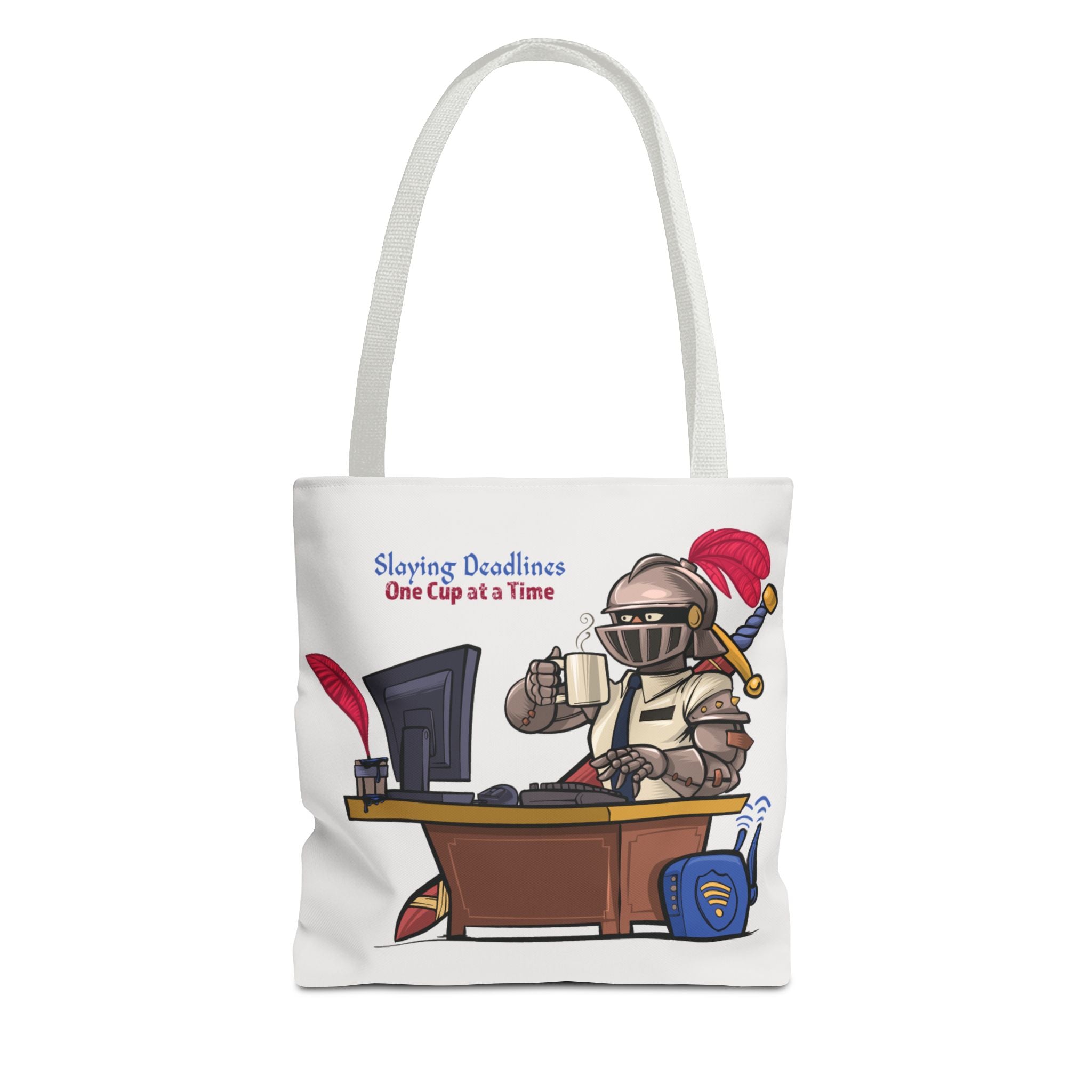 Tote bag with a cartoon knight at a desk and text 'Slaying Deadlines One Cup at a Time' on a white background