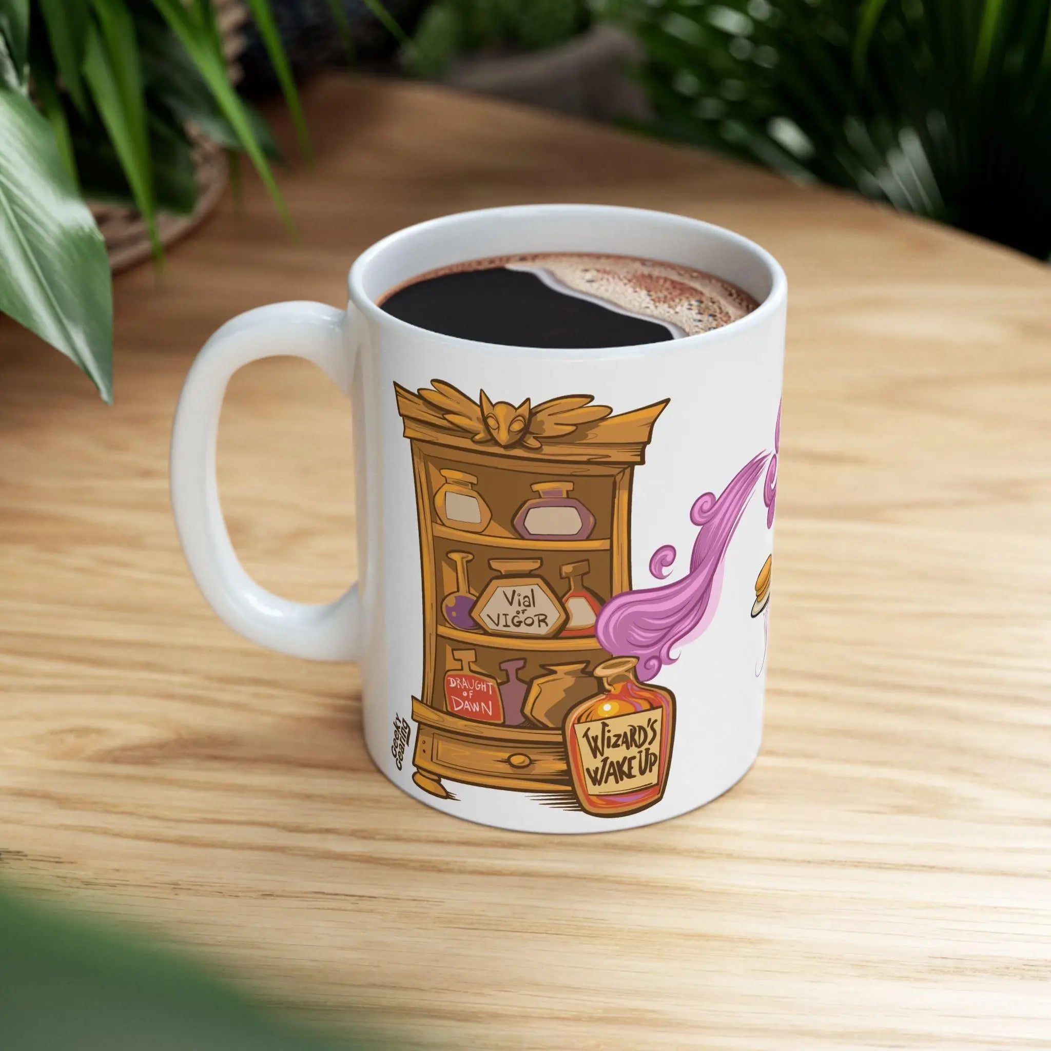 Ceramic mug with a magical fantasy-themed design featuring a cartoon potion cabinet labeled with names like 