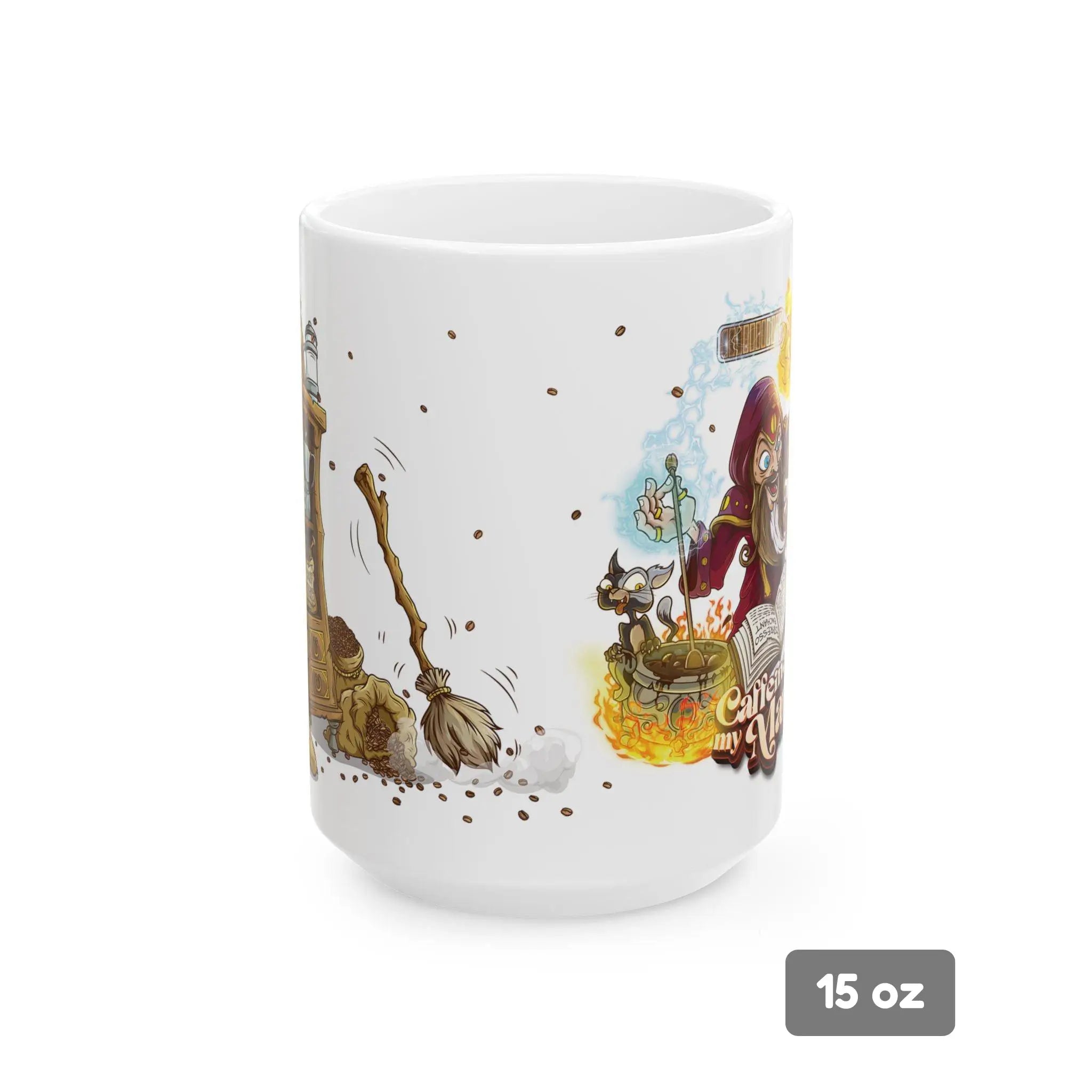 Front view of a 15 oz white ceramic fantasy coffee cup showcasing the middle of the “Caffeine Is My Mana” design: a broom sweeps up scattered coffee beans toward a wide‑eyed wizard conjuring brew in a flaming cauldron, with a mischievous cat perched inside and a glowing mana bar overhead. Perfect as a fantasy coffee cup, wizard mug, DnD gift, gamer gift, or whimsical fantasy gift.
