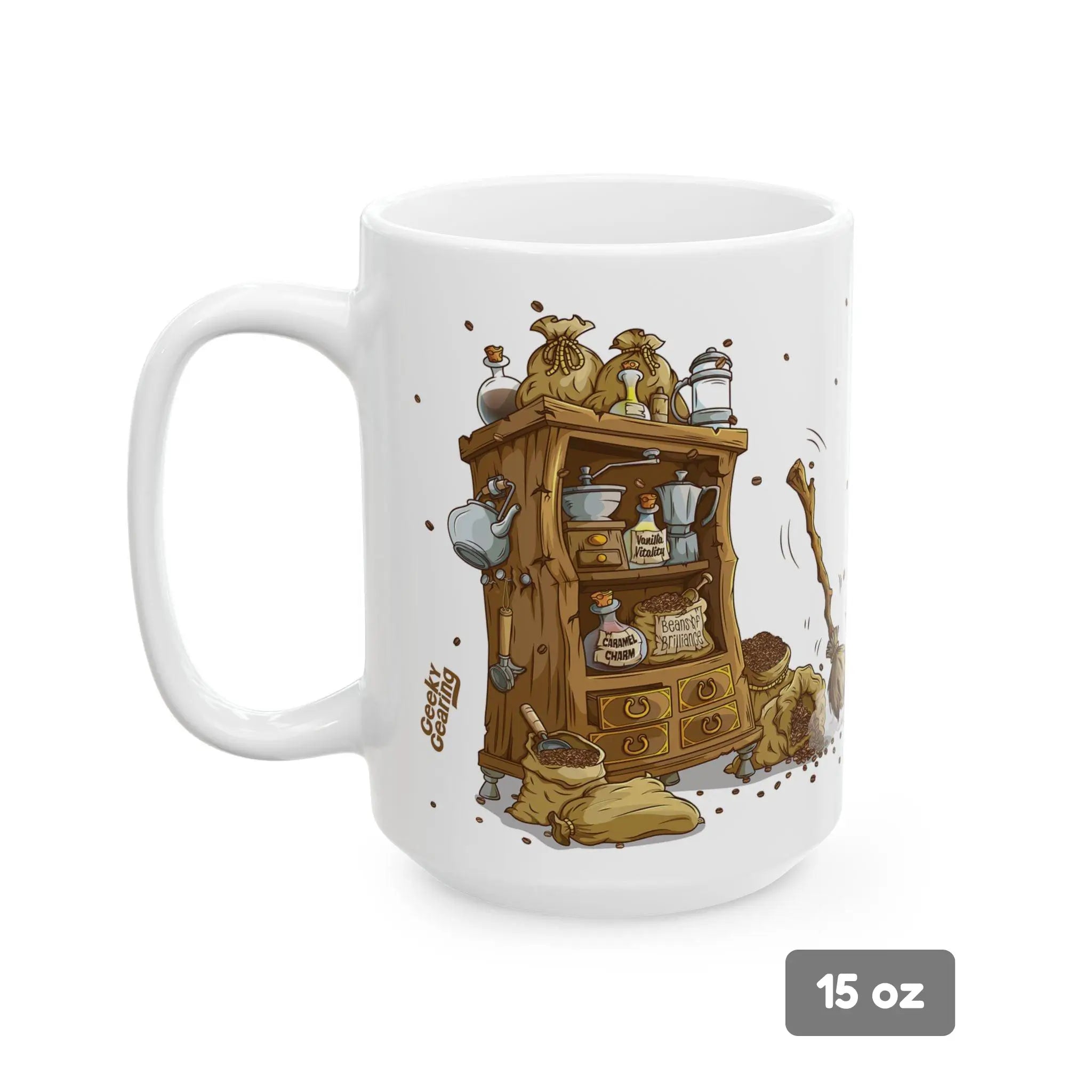 Side view of a 15 oz white ceramic mug showcasing the secondary alchemy‑shelf scene from the “Caffeine Is My Mana” fantasy design: a rustic wooden cabinet piled with labeled potion bottles (“Caramel Charm,” “Bean of Brilliance”), sacks of coffee beans, a manual grinder and moka pot, with beans spilling out and a broom at work—perfect as a wizard coffee cup, fantasy mug, DnD gift, gamer gift, or geeky coffee mug.