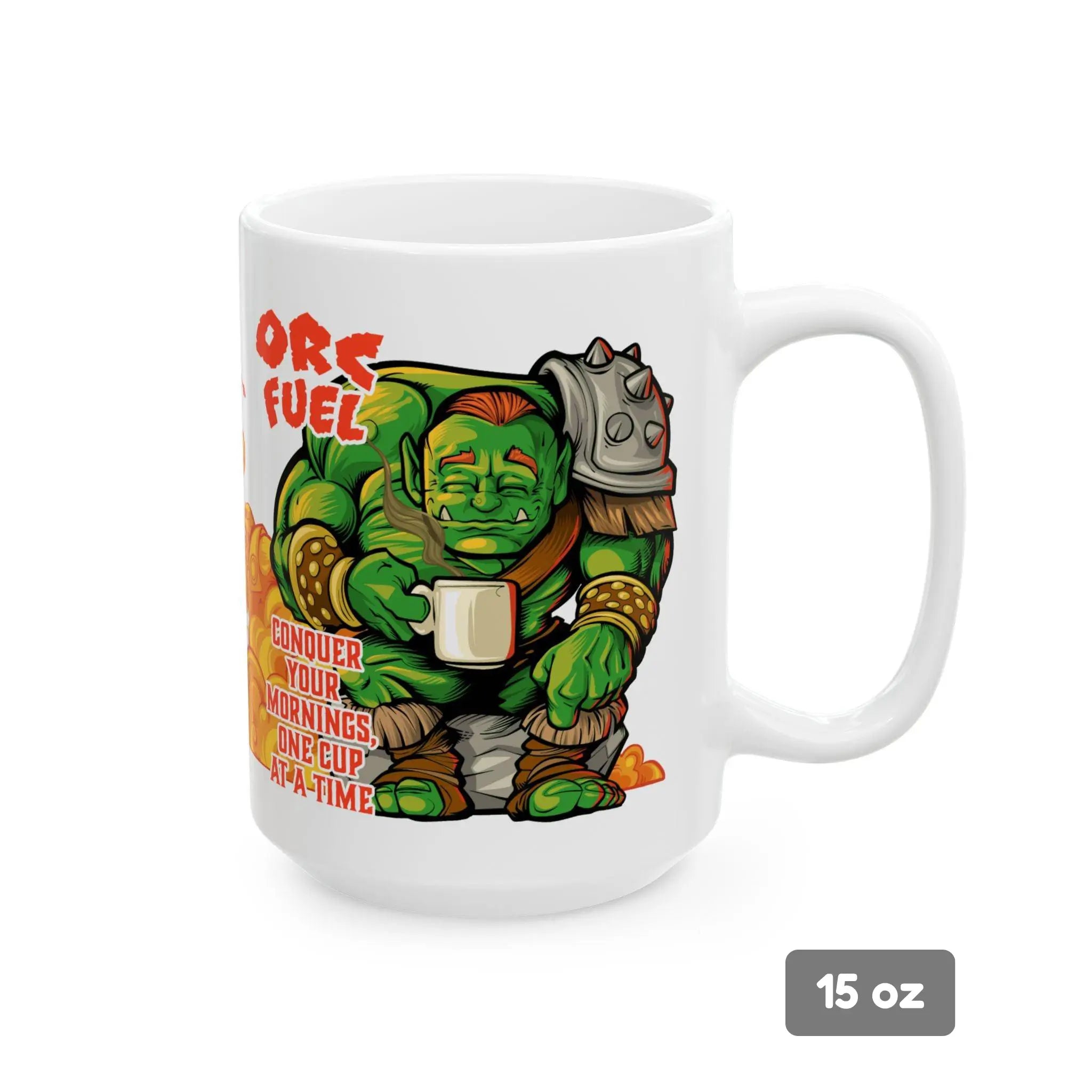Side view of the 15 oz “Orc Fuel” fantasy coffee mug featuring a blissfull looking orc in a cartoon style. The orc is clutching a steaming cup of coffee, with bold red text that reads “Conquer your mornings, one cup at a time.” A perfect geeky gift for fantasy lovers who take their caffeine battles seriously.