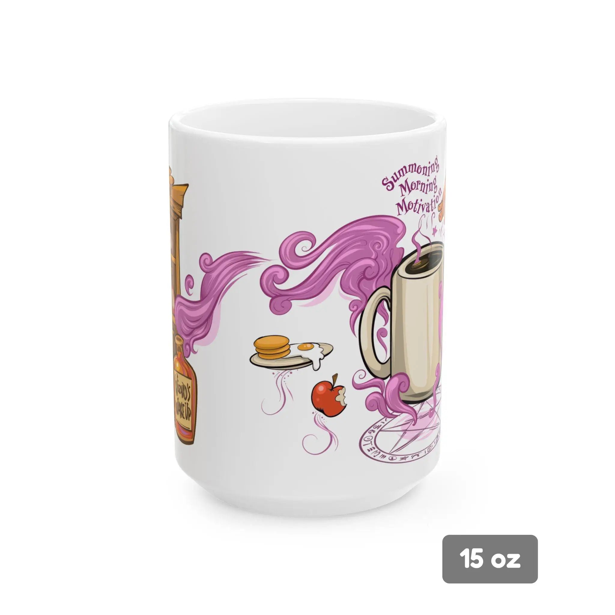 Front view of a 15 oz ceramic mug showing the transition between the two sides of the design. Features swirling purple steam linking a summoning circle and steaming coffee mug to floating breakfast items and a cabinet of magical potions. The caption “Summoning Morning Motivation” appears above the cup, tying together the fantasy coffee ritual theme.