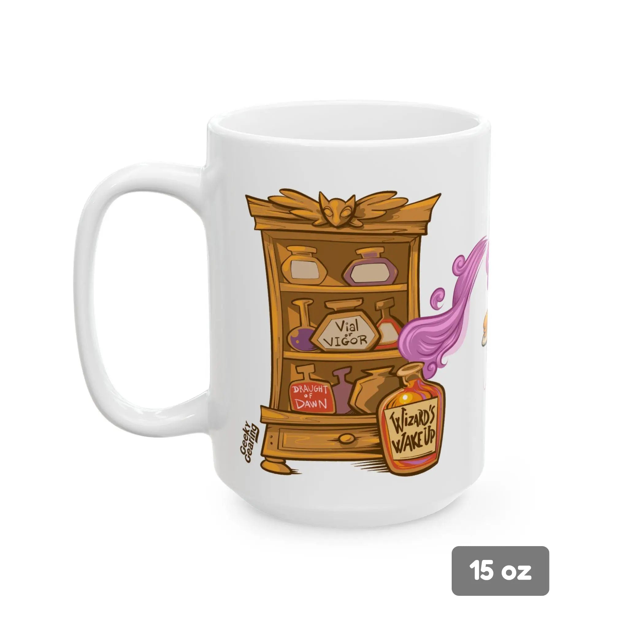 Reversed side view of a 15 oz ceramic mug showing the back portion of a fantasy-themed design. Features a wooden potion cabinet labeled with magical brews like “Vial of Vigor,” “Draught of Dawn,” and “Wizard’s Wake-Up,” with purple steam flowing toward the front. Part of a larger illustration about summoning morning motivation with coffee.