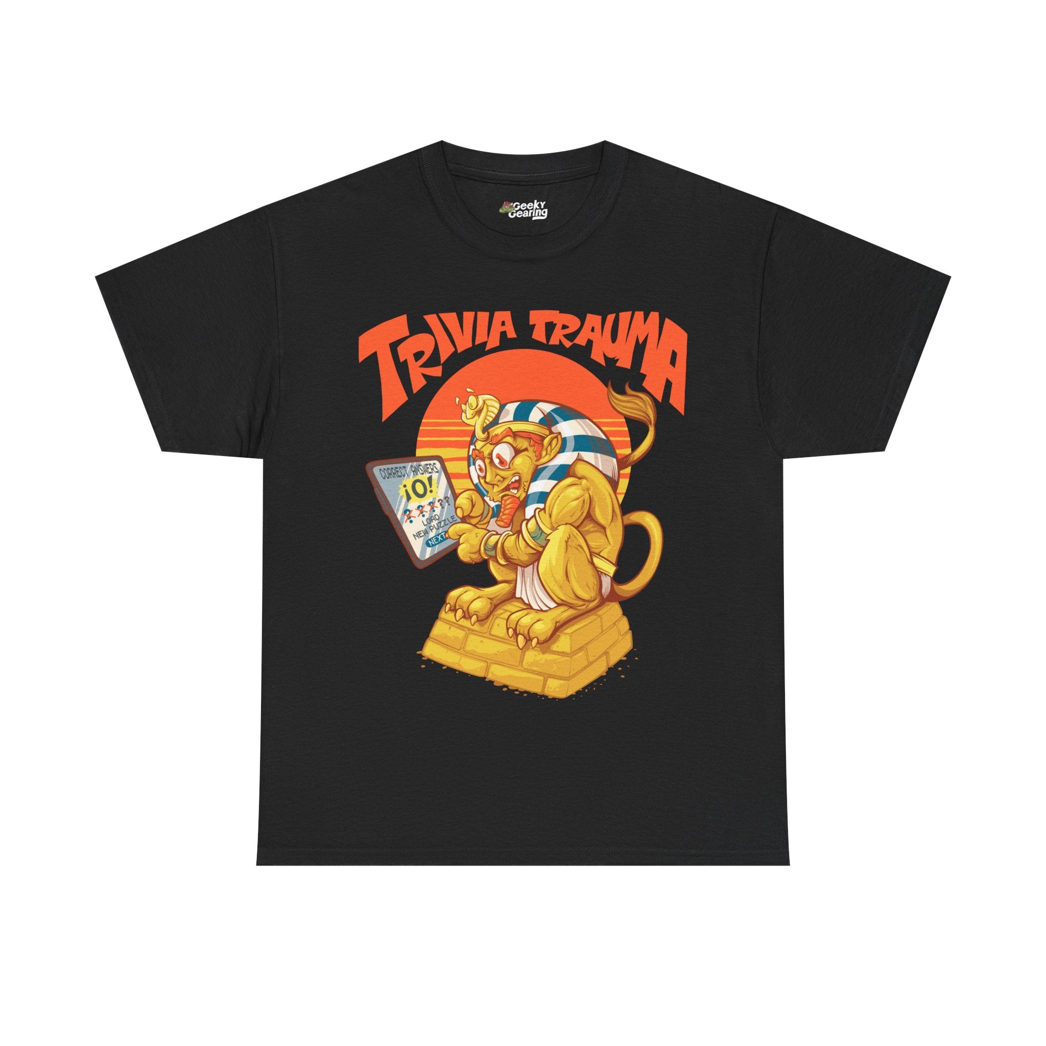 Black t-shirt with a graphic design of a sphinx and 'Trivia Trauma' text on a white background
